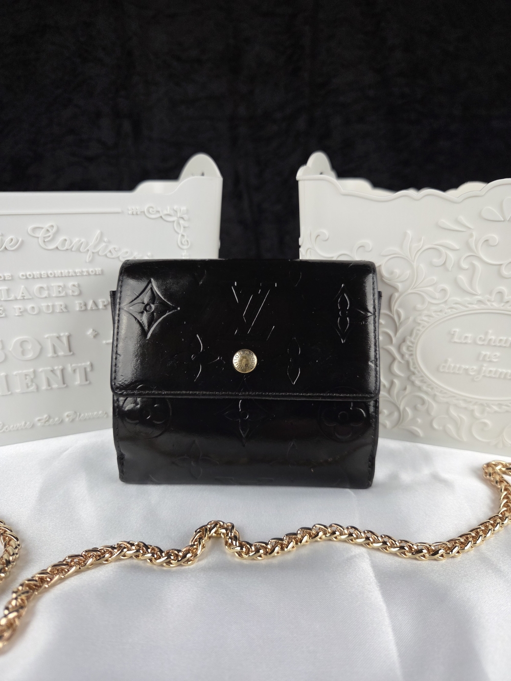 Louis Vuitton Vernis Compact Wallet Black Refurbished Custom Dyed TH0044